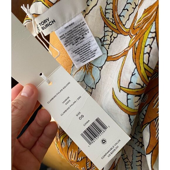 tory burch climbing palms square scarf cotton 36”x36” $228 #144936-6223 multi - Picture 9 of 11